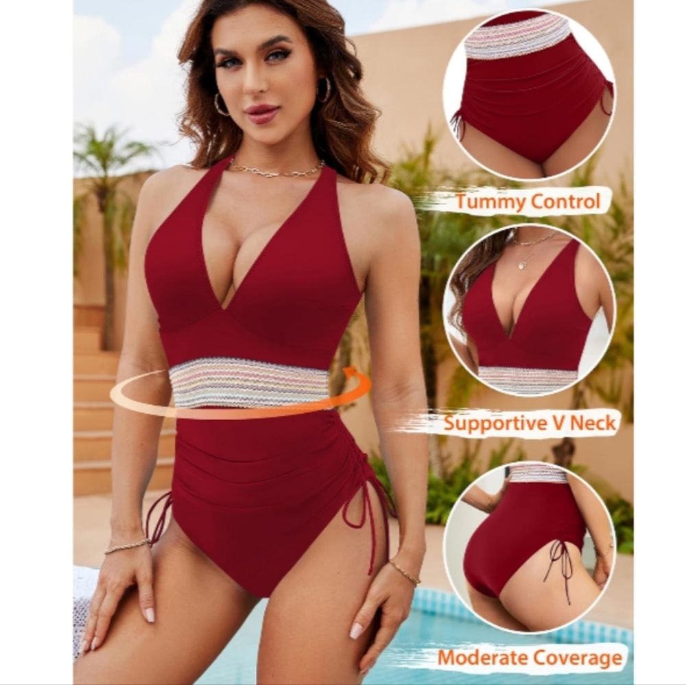 Blooming Jelly Red One Piece Swimsuit Tummy Control Bathing Suit Deep V-neck S